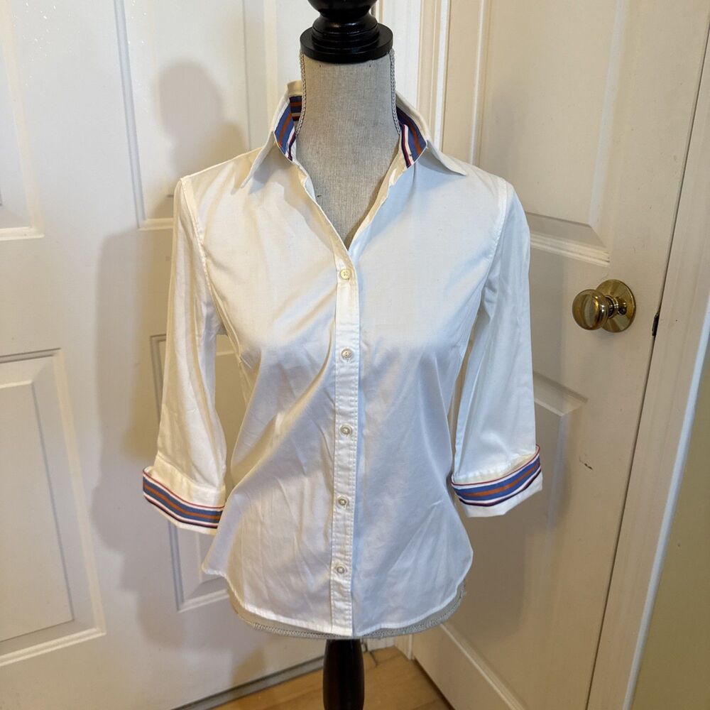 BLUE STRIPES J. Mclaughlin White Blouse Cotton With Orange And Blue Size 4